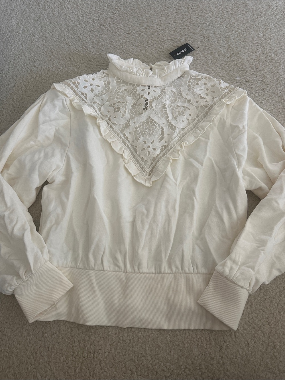 Express Cream Lace-Front Ruffled Mock Neck Sweatshirt